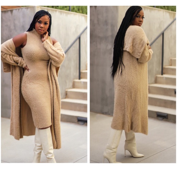 2 PIECE COZY FUZZY TAUPE LONG SLEEVE COAT MOCK NECK SLEEVELESS DRESS - Picture 1 of 12